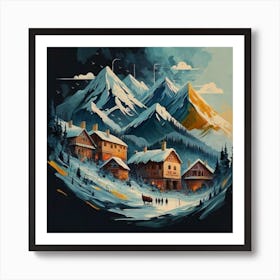 Abstract painting of a mountain village with snow falling 8 Art Print