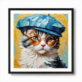 Oil painting of a fluffy kitten donning a beret and a round glasses, abstract background Art Print