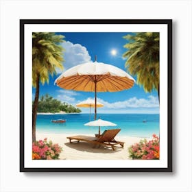 Beach Scene With Umbrella Art Print