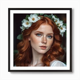 Close Up Portrait Of Young Beautiful Redhead Woman With Freckles Wearing White Dress Art Print