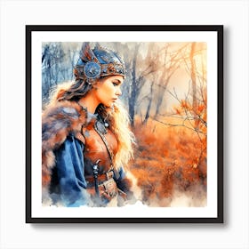 A Portrait Of A Viking Woman In The Woods Art Print