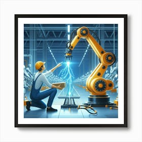 Factory Worker Working With Robots Art Print