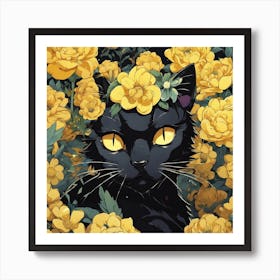 Black Cat With Yellow Flowers Art Print