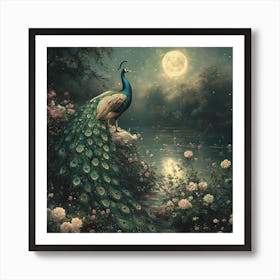 Peacock In The Moonlight 4 Art Print