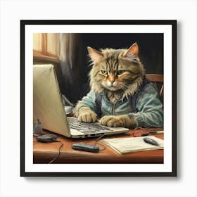 Cat Working On Laptop Art Print