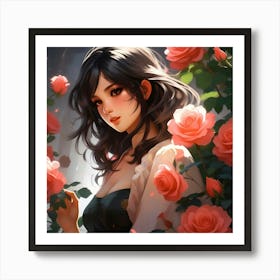 Japanese girl and roses 1 Art Print