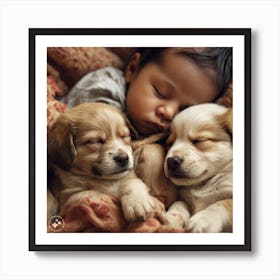 Child Sleeping With Puppies Art Print