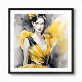 Watercolor Of A Woman In Yellow Dress 1 Art Print