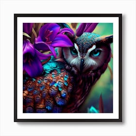 Owl With Purple Flowers 14 Art Print