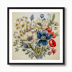 Vintage Botanical Flower Bouquet Art - Handcrafted Floral Illustration Decor Art Print