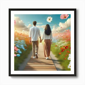 Couple Walking Through Flowers Art Print