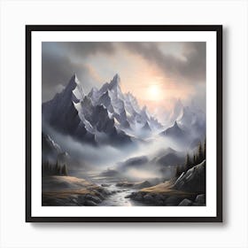 Misty Mountain Landscape Sunrise Art Print