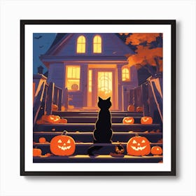 Halloween Cat In Front Of House 9 Art Print
