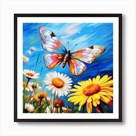 Butterfly And Daisies Art Print