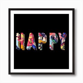 Black Happy Square Art Print