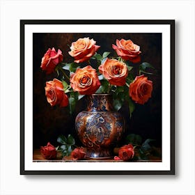 Watercolor Terracotta Vase Beautiful Roses Studio Photography Complex Details High Detail Art Print