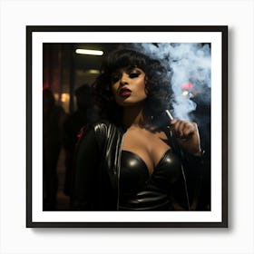 A Smoking Hot Voluptuous Sexy Black Woman In A Black Latex Dress Smoke in Back Ground - Created by Midjourney Art Print