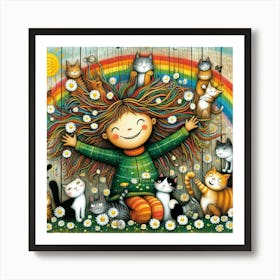 Rainbow Girl With Cats Art Print