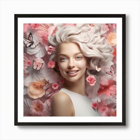 Beautiful Young Woman With Flowers And Butterflies Art Print