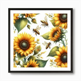 Sunflowers With Bees Art Print