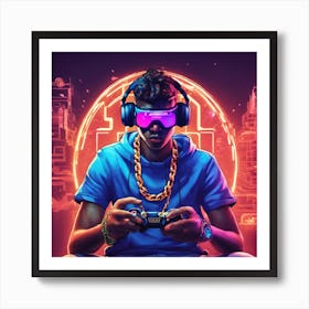 Gamer With Headphones smashing it Art Print