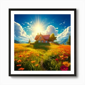 Firefly House, Sun, Cloud, Flower, Meadow, Nature, Landscape, Serene, Bright, Cheerful, Picturesque, Art Print