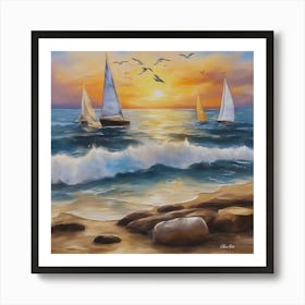 Oil painting design on canvas. Sandy beach rocks. Waves. Sailboat. Seagulls. The sun before sunset.3 Art Print
