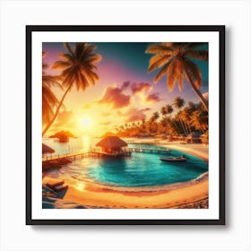 Tropical Beach At Sunset Art Print