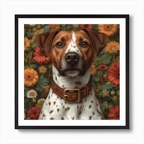 Lena1987 Dog Portrait Cartoon Surrounded By Flowers Colorful Art Print