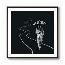 ine path. The man is dressed in a vintage ensemble, holding onto an old-fashioned umbrella. The path is shrouded in complete darkness, with only the faint silhouette of the man and the subtle outlines of the winding path visible. The ink lines are bold and dramatic, creating an atmosphere of mystery and suspense.. Art Print