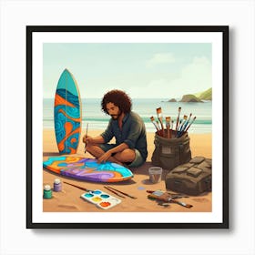 Person Painting A Colorful Surfboard On A Beach, Surrounded By Art Supplies Art Print