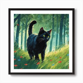 806868 A Black Cat Amidst Green Trees, Green Grass, Blue Xl 1024 V1 0 Art Print