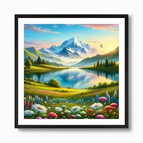 Landscape With Mountains And Flowers Art Print