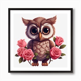 Owl With Roses 3 Art Print