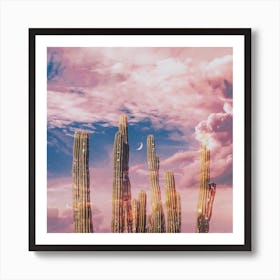Dreamy Clouds Sparkly Cactus Square Art Print