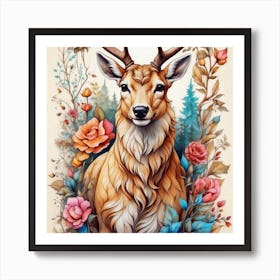 Deer With Roses Art Print