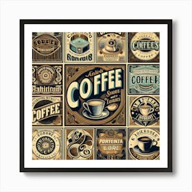 Vintage Collage Featuring A Clock, Book, And Tea Cup Against A Coffee Corner Wallpaper Background Art Print