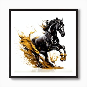 Black Horse Splashing Oil Art Print