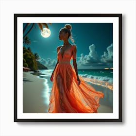 Beautiful Woman On The Beach At Night 4 Art Print