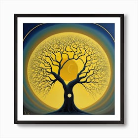 A Tree of life in front of a yellow moon. The tree is tall and thin, with bare branches. The moon is large and round, and it is casting a bright yellow light on the tree and the ground below. The painting is very simple, but it is also very effective. The artist has used a limited number of colors, but they have used them to create a very striking and atmospheric image. The contrast between the black tree and the yellow moon is very stark, and it creates a sense of drama and tension. The painting is also very well-composed. The tree is placed in the center of the image, and the moon is placed in the background. This creates a sense of balance and harmony. Overall, I think the painting is a very beautiful and effective work of art. It is also a very good example of how to use a limited number of colors to create a striking and atmospheric image. Here are some additional observations I can make about the painting: The tree is bare, which suggests that the painting is set in the winter. The moon is full, which suggests that the painting is set at night. The sky is black, which suggests that the night is clear and starlit. The ground is covered in snow, which suggests that the painting is set in a cold climate. The painting has a very somber and melancholic mood. This is conveyed by the use of dark colors, the bare tree, and the cold, winter setting. The painting may be about the loneliness and isolation of winter, or it may be about something more general, such as the ephemeral nature of life 3 Art Print