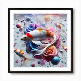 Koi Fish And Roses Underwater Color Illustration Art Print