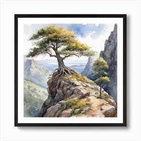 Watercolor Of A Lone Tree In The Mountains Art Print