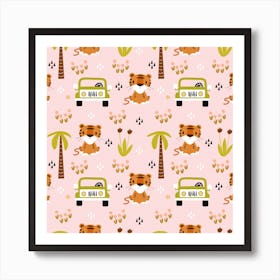 Cute Tiger Car Safari Seamless Pattern Art Print