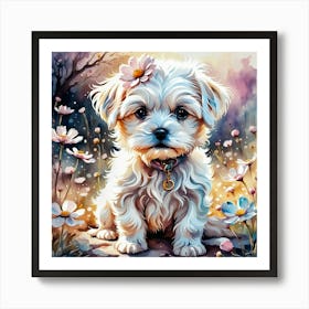 Cute Floral Maltese Puppy With Flowers Art Print