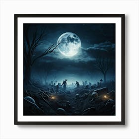 Gothic Style Illustration Skeletal Hands Breaking Through The Soil Full Moon Casting An Eerie Glow Art Print