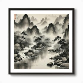 A traditional Chinese ink painting of a river, with delicate brushstrokes and a monochromatic color scheme, capturing the essence of nature and the flow of life. 2 Art Print