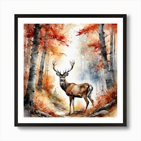 Autumn Forest Painted With Red Leaves And Deer Art Print