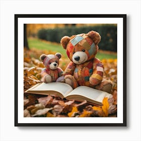 Autumn Teddy Bears Reading Book Art Print