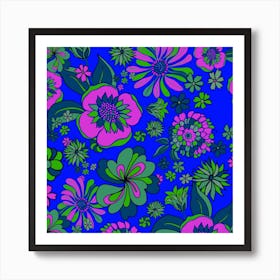 70s Bright Flowers Blue Pink Square Art Print
