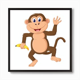 Illustration of cute cartoon monkey, Cartoon Monkey Vector Art Print